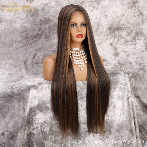 Vigorous Highlight Long Straight Synthetic Brown Wigs for Women Middle Part Natural heat resistant full Cosplay lace Wigs